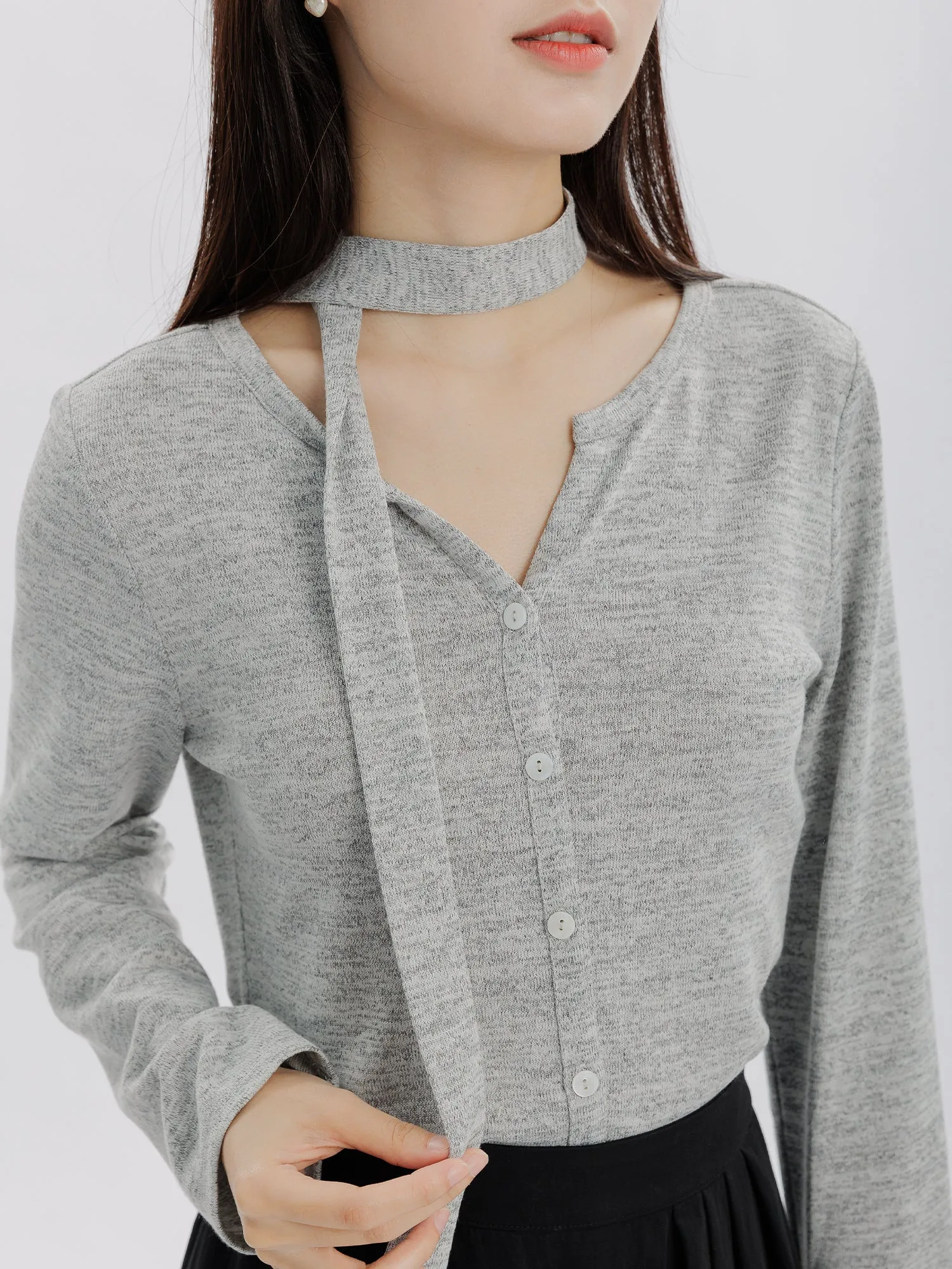 Blossom Buttoned Knit Top (Detachable Scarf)