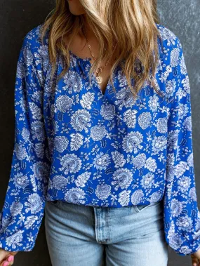 Blue Floral Notched V-Neck Long Sleeve Shift Blouse