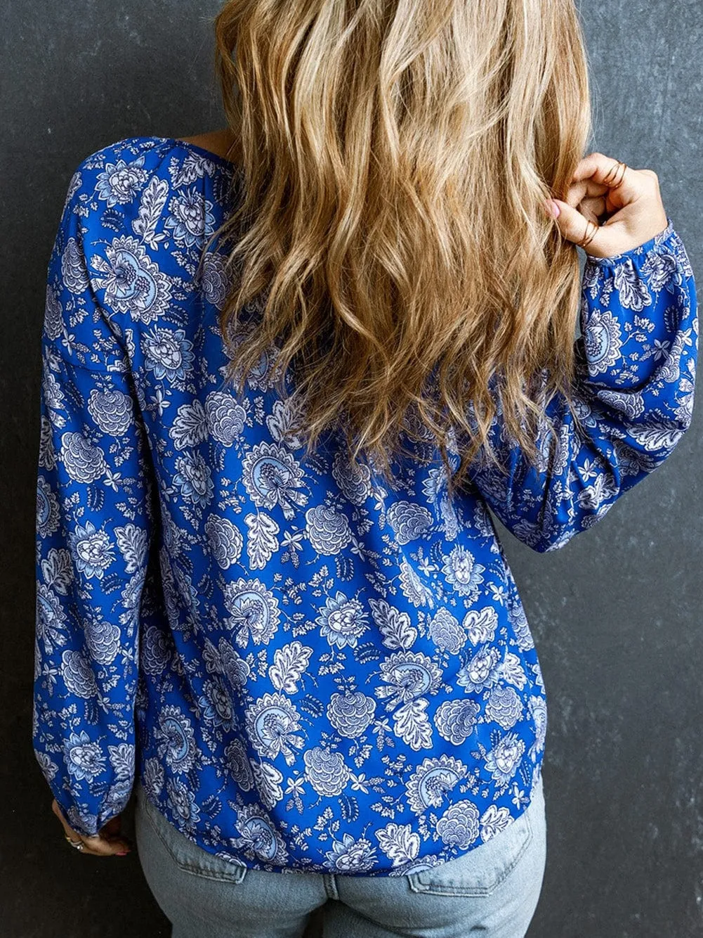 Blue Floral Notched V-Neck Long Sleeve Shift Blouse