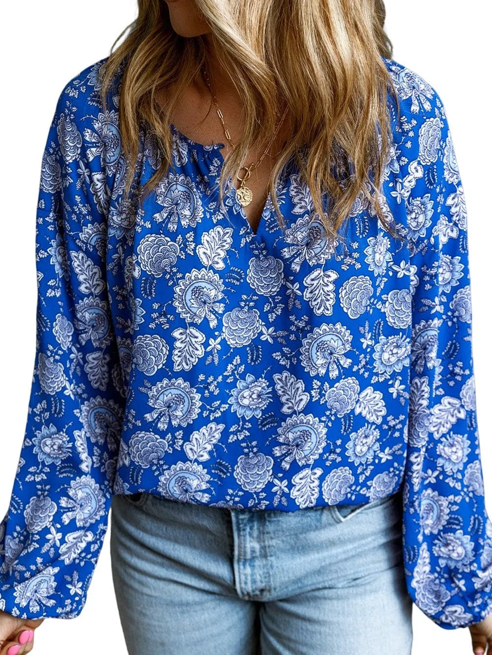 Blue Floral Notched V-Neck Long Sleeve Shift Blouse