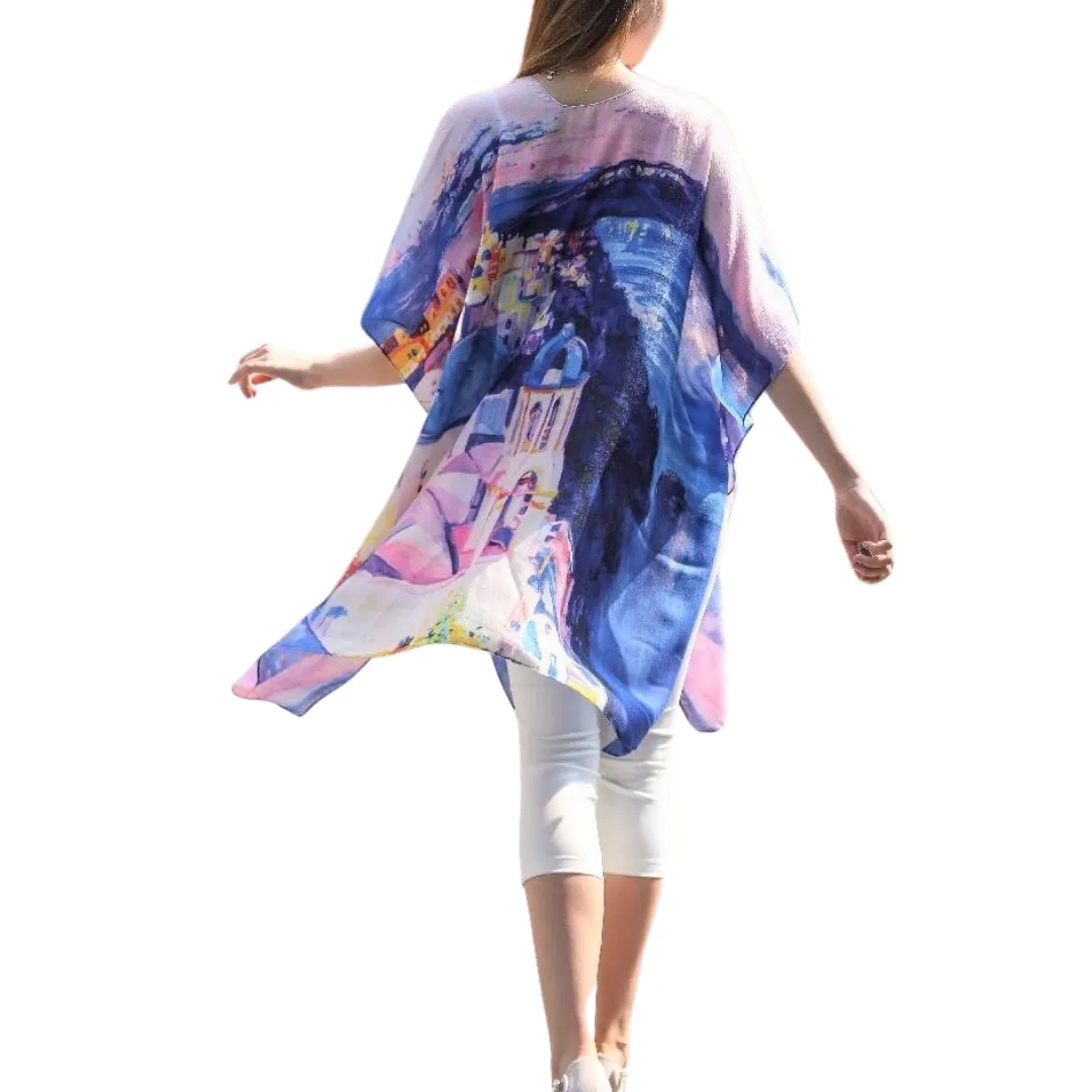 Blue Multi Greece Print Sheer Kimono