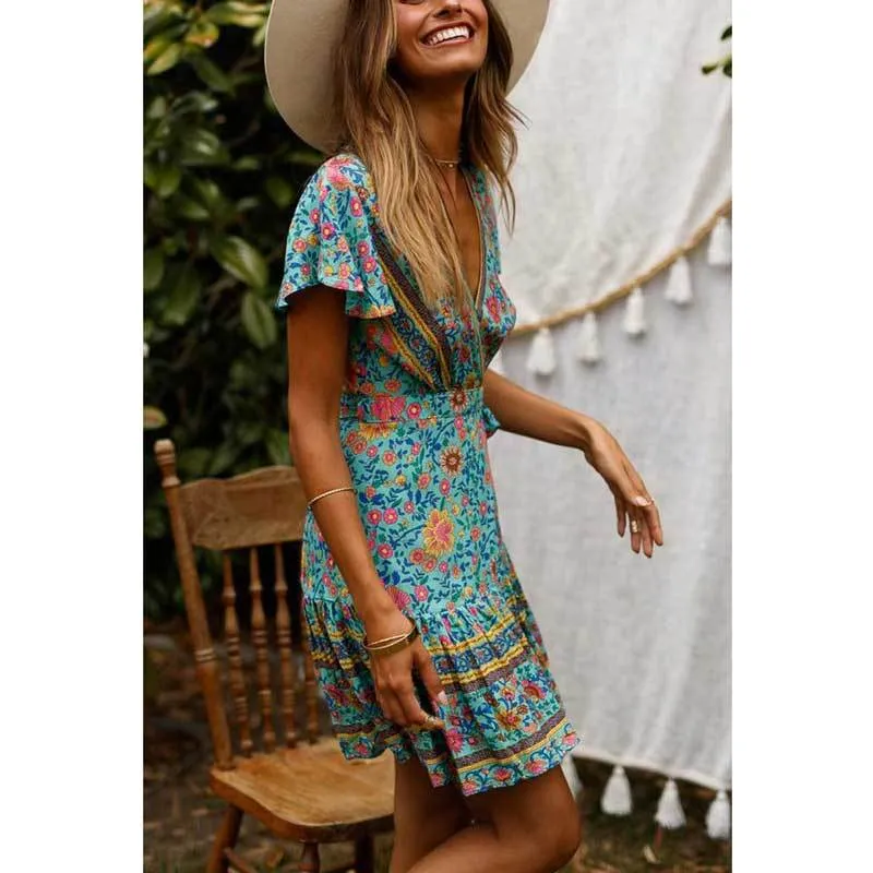 Boho V-neck Turquoise Floral Print Ruffles Mini Dress