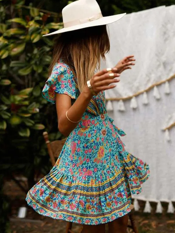 Boho V-neck Turquoise Floral Print Ruffles Mini Dress