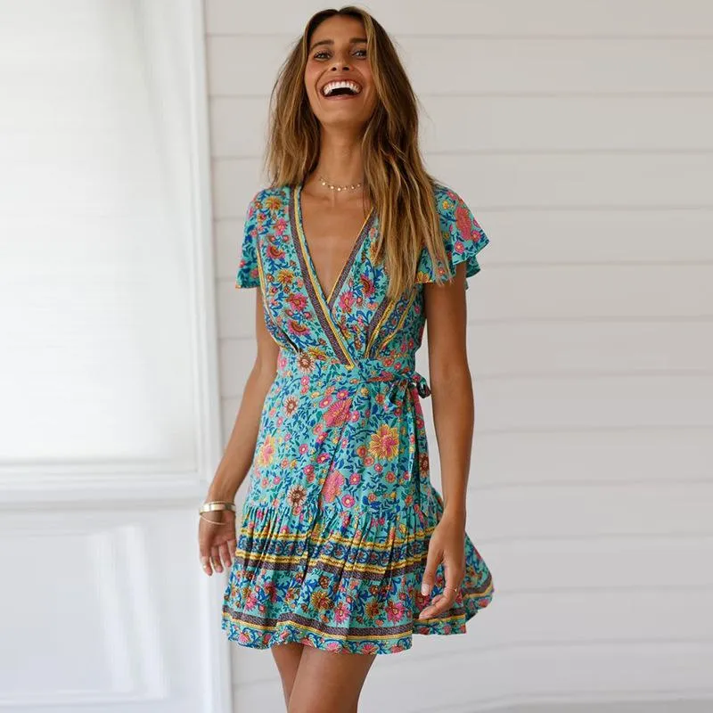 Boho V-neck Turquoise Floral Print Ruffles Mini Dress