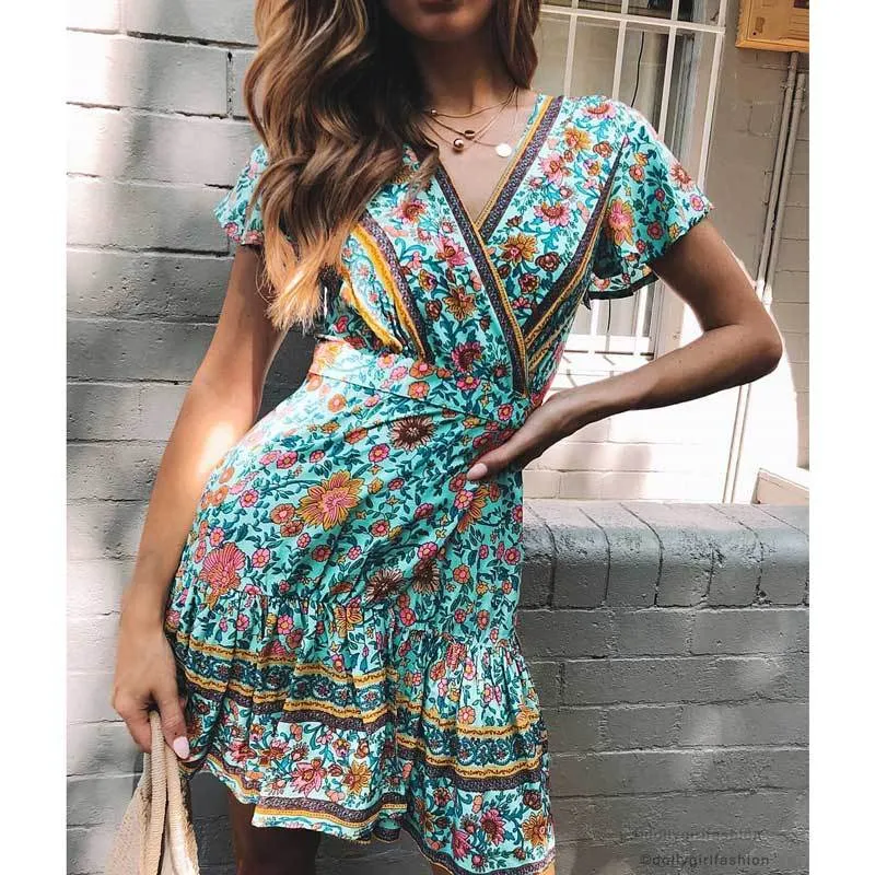 Boho V-neck Turquoise Floral Print Ruffles Mini Dress