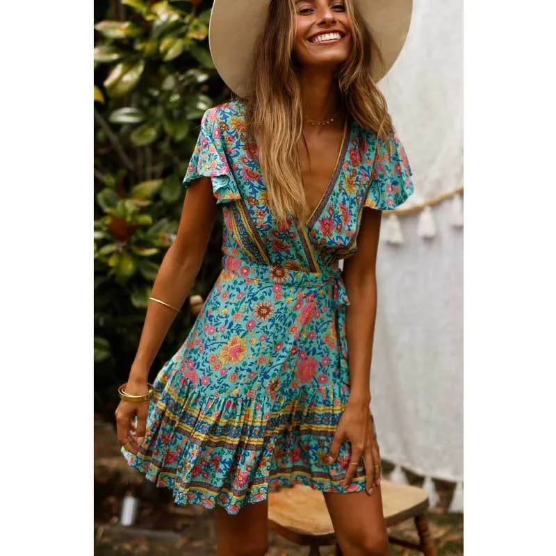 Boho V-neck Turquoise Floral Print Ruffles Mini Dress