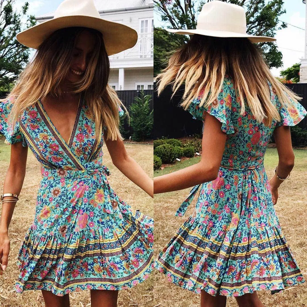 Boho V-neck Turquoise Floral Print Ruffles Mini Dress