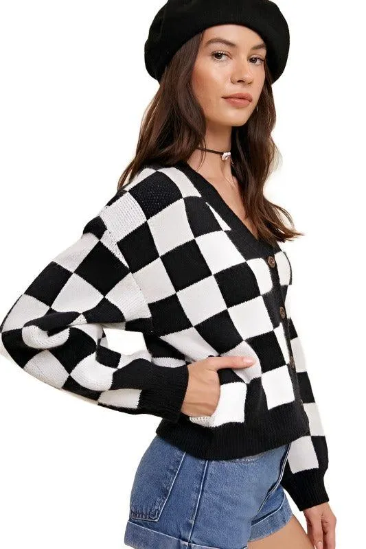 Bold Gingham Sweater Weaved Crop Cardigan