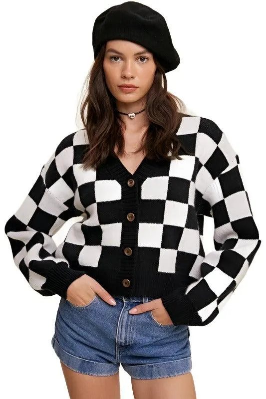 Bold Gingham Sweater Weaved Crop Cardigan