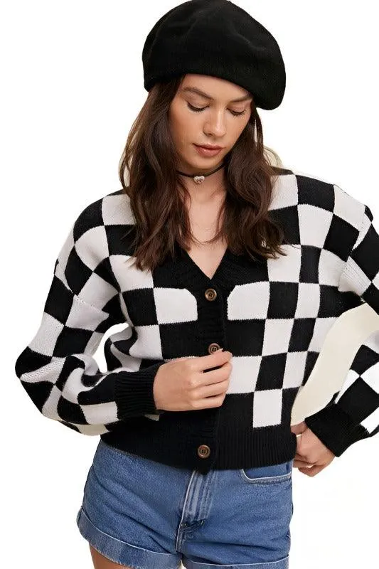 Bold Gingham Sweater Weaved Crop Cardigan