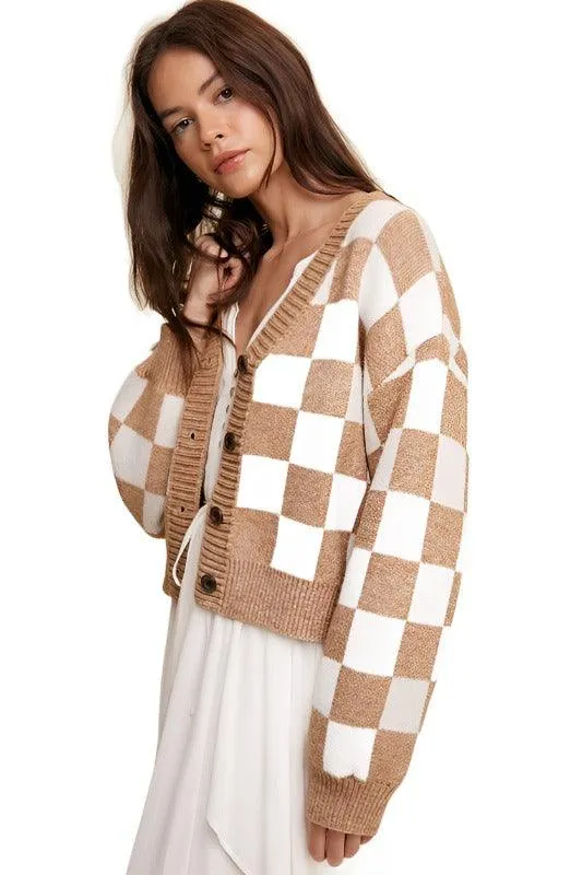 Bold Gingham Sweater Weaved Crop Cardigan