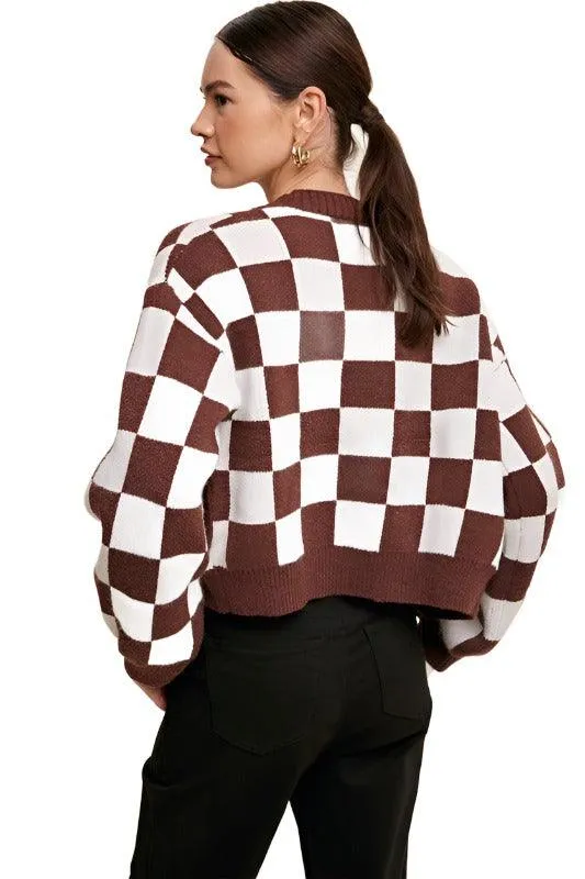 Bold Gingham Sweater Weaved Crop Cardigan