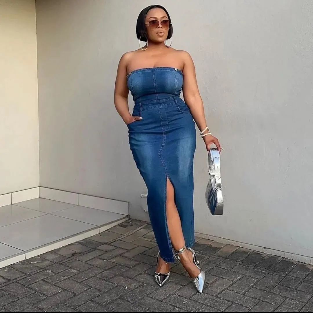 Boob Tube Slit Denim Dress