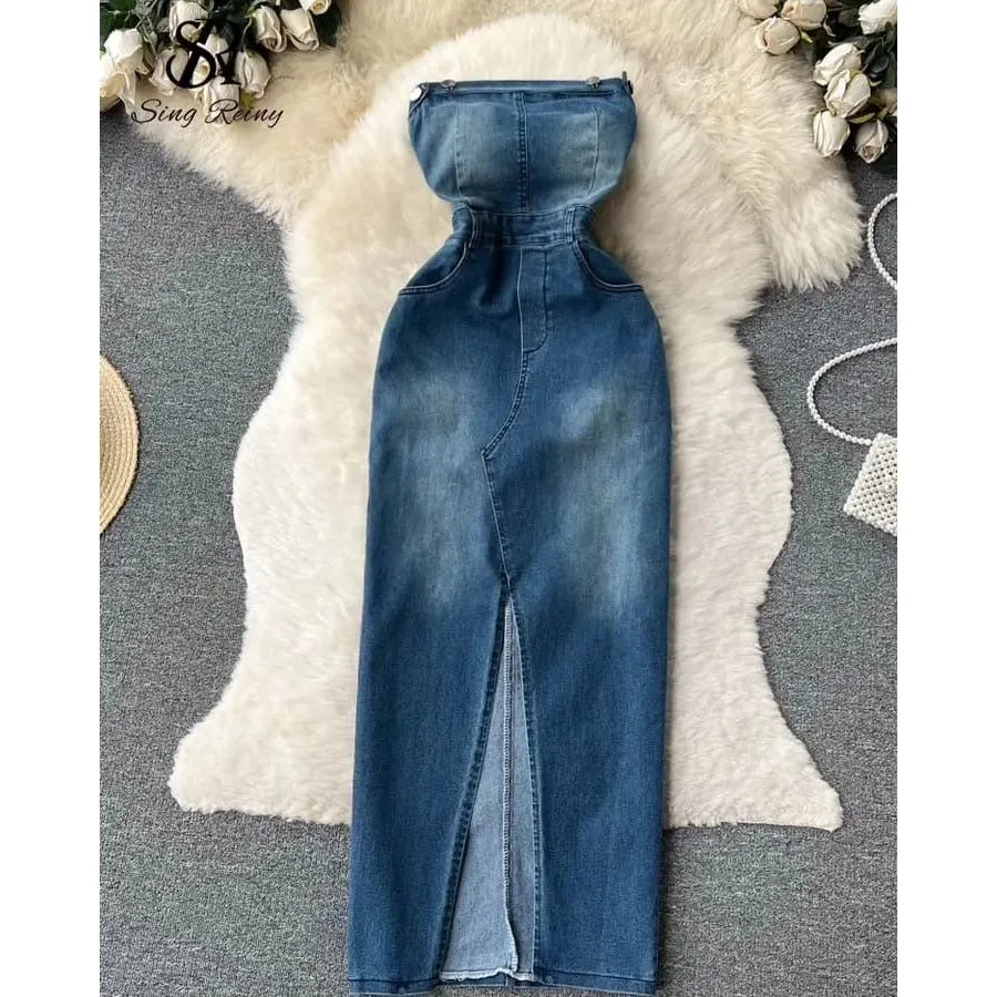 Boob Tube Slit Denim Dress