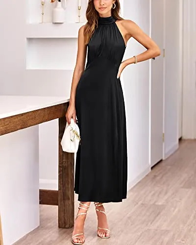 BTFBM Women Elegant Sleeveless Summer Dresses 2023 Halter Neck Backless Satin Dresses Split Solid Color Cocktail Maxi Dress（Solid Black,Small