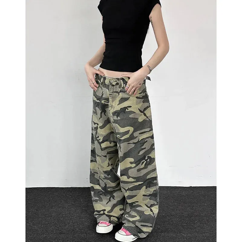 Camouflage Low Waist Loose Wide Leg Pants - Green