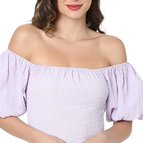 Campus Sutra Women's Lilac Puff-Sleeved Creased Dress for Casual Wear | Off-Shoulder | Short Sleeve | Pull On Closure | Dress Crafted with Comfort Fit for Everyday Wear