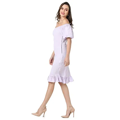 Campus Sutra Women's Lilac Puff-Sleeved Creased Dress for Casual Wear | Off-Shoulder | Short Sleeve | Pull On Closure | Dress Crafted with Comfort Fit for Everyday Wear