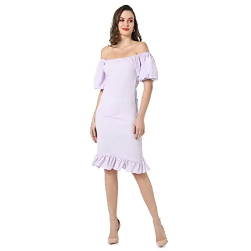 Campus Sutra Women's Lilac Puff-Sleeved Creased Dress for Casual Wear | Off-Shoulder | Short Sleeve | Pull On Closure | Dress Crafted with Comfort Fit for Everyday Wear