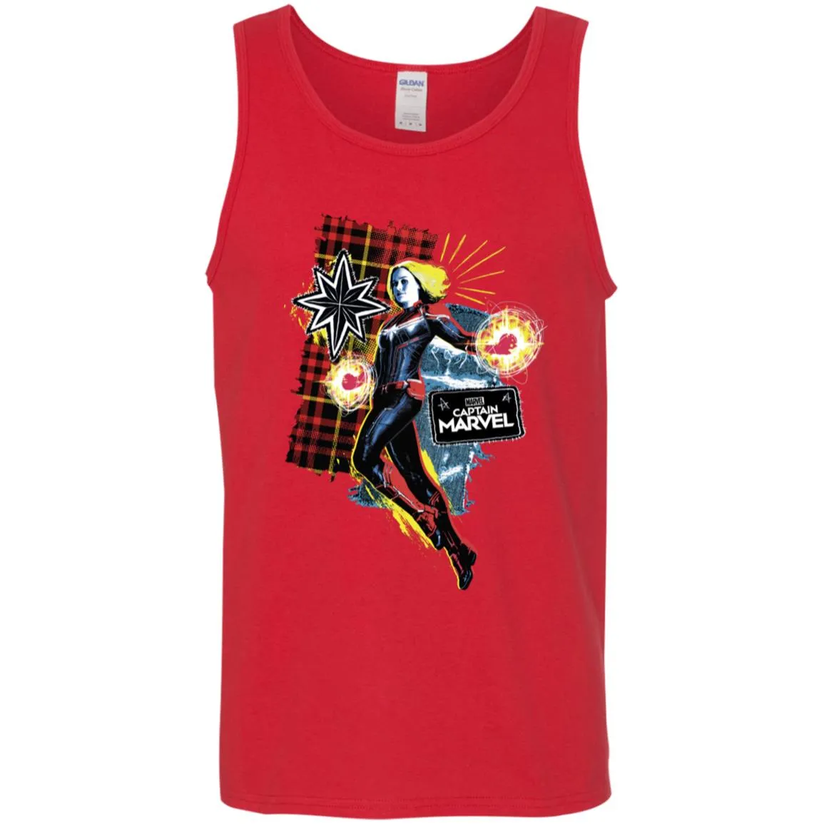 Captain Marvel Plaid Jean Patched Portrait Men Cotton Tank