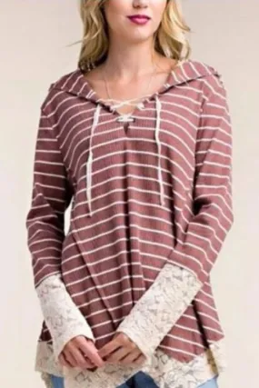 Casual Stripe Hoodie & Lace Sleeve - Rust