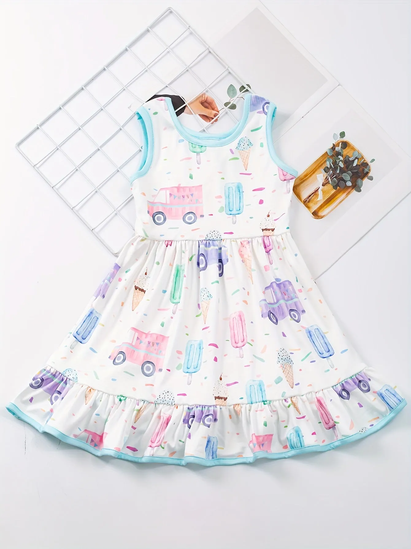 Charming Girls' Cartoon Car & Ice Cream Print Sleeveless Dress - Stretchy, Comfortable Fabric for Summer Parties & Gifts