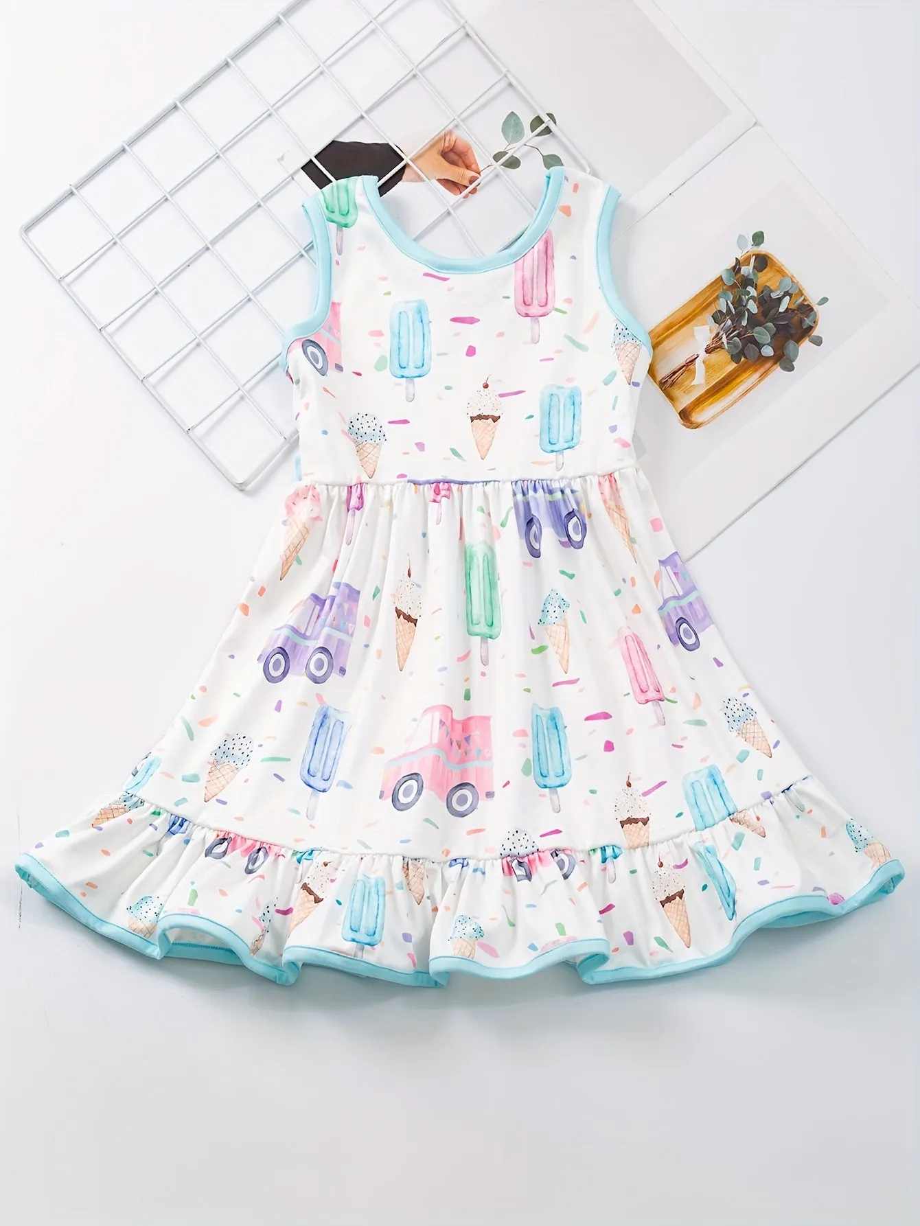 Charming Girls' Cartoon Car & Ice Cream Print Sleeveless Dress - Stretchy, Comfortable Fabric for Summer Parties & Gifts