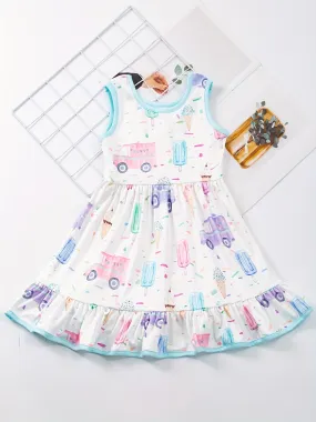 Charming Girls' Cartoon Car & Ice Cream Print Sleeveless Dress - Stretchy, Comfortable Fabric for Summer Parties & Gifts