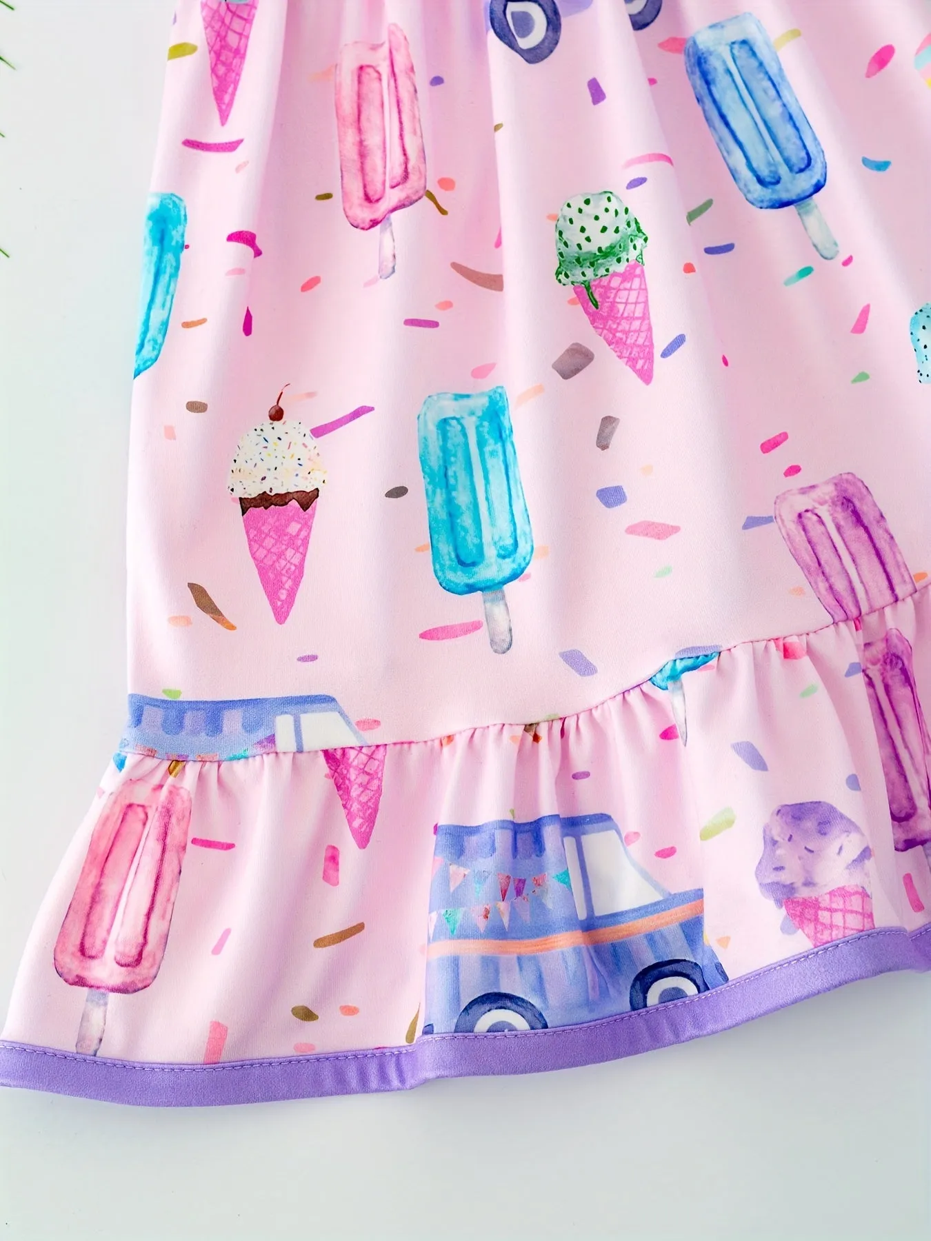 Charming Girls' Cartoon Car & Ice Cream Print Sleeveless Dress - Stretchy, Comfortable Fabric for Summer Parties & Gifts