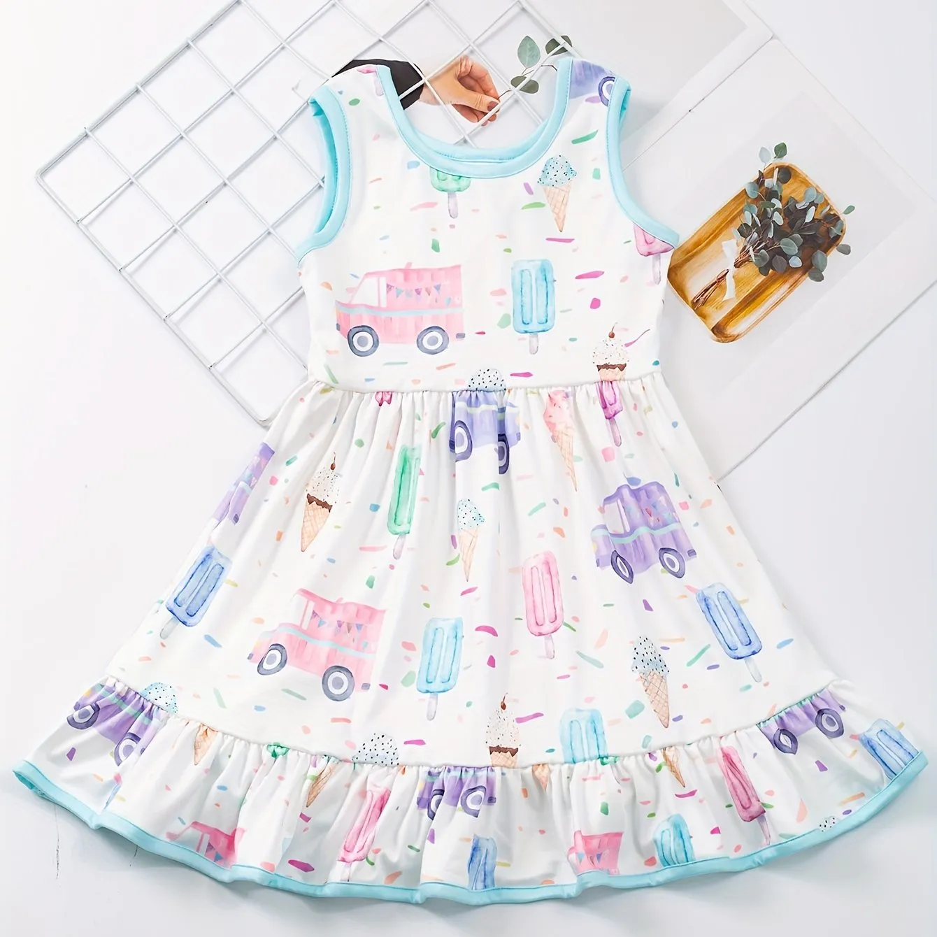 Charming Girls' Cartoon Car & Ice Cream Print Sleeveless Dress - Stretchy, Comfortable Fabric for Summer Parties & Gifts