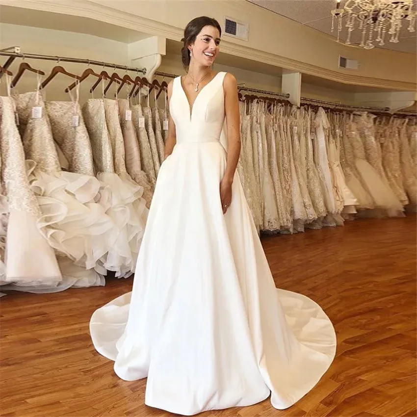 Cheapest A-line Wedding Dresses Elegant V-neck White Ivory Satin Vestido De Novia 2020 Backless Wedding Gowns Sweep Train