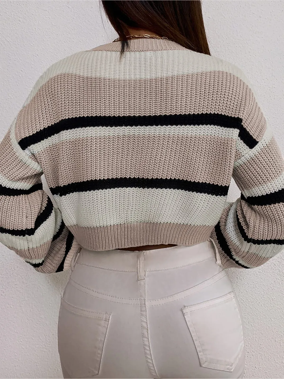 Colorblocked Striped Lantern Sleeve Pullover