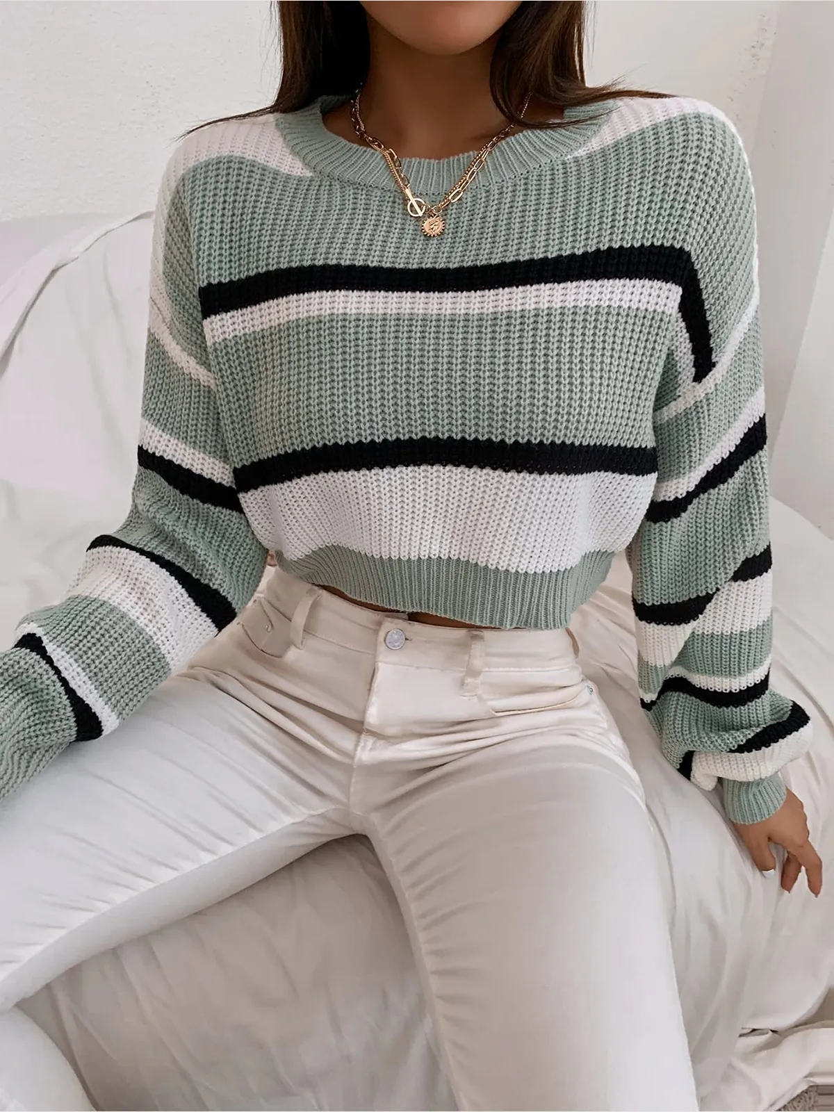 Colorblocked Striped Lantern Sleeve Pullover