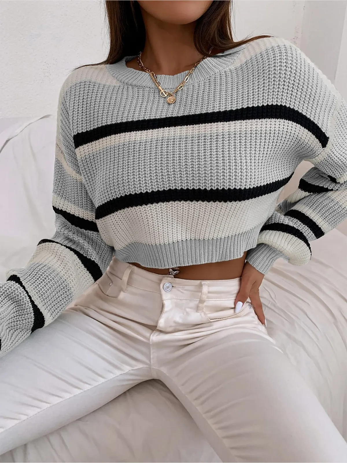 Colorblocked Striped Lantern Sleeve Pullover