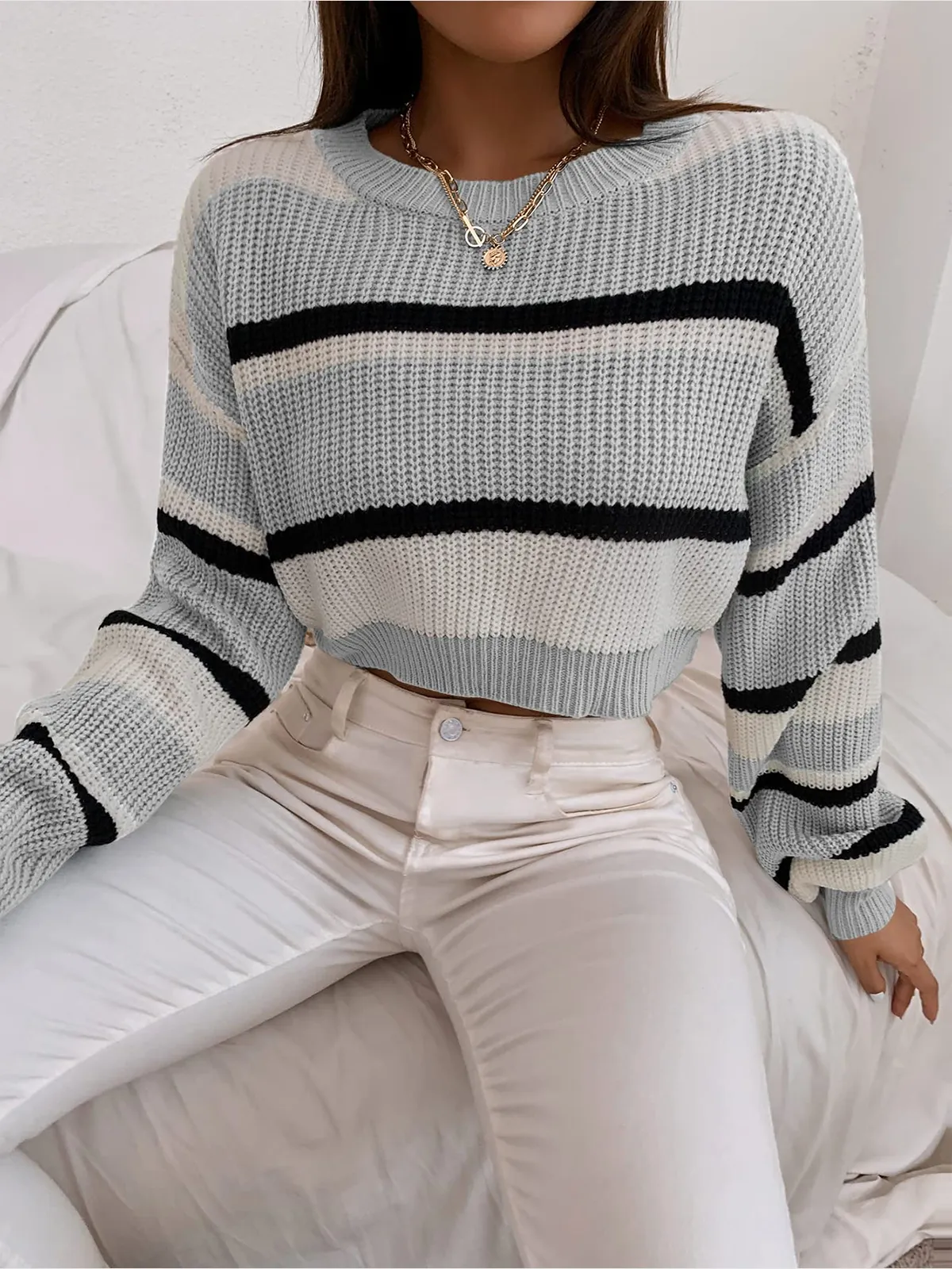 Colorblocked Striped Lantern Sleeve Pullover