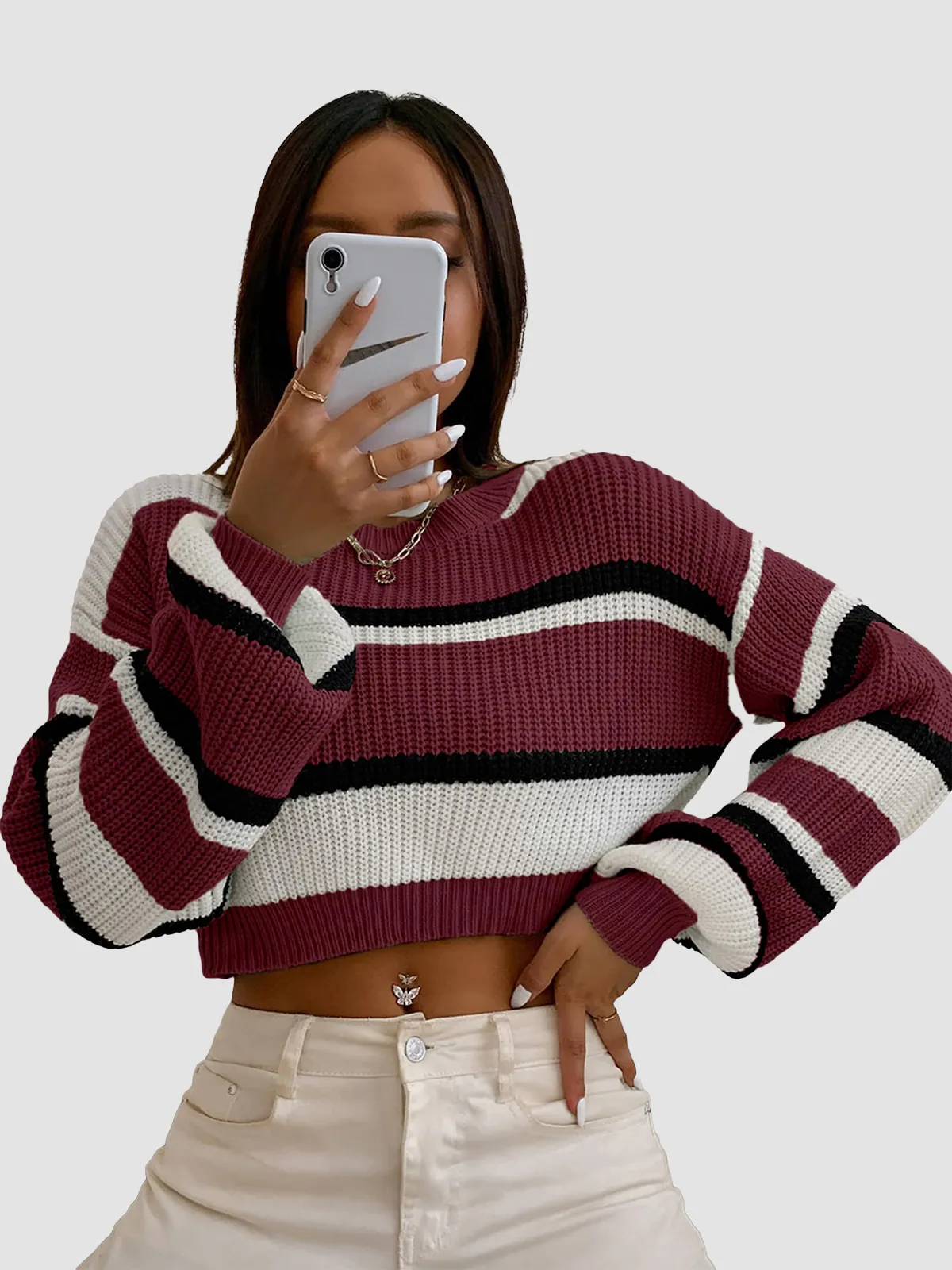 Colorblocked Striped Lantern Sleeve Pullover