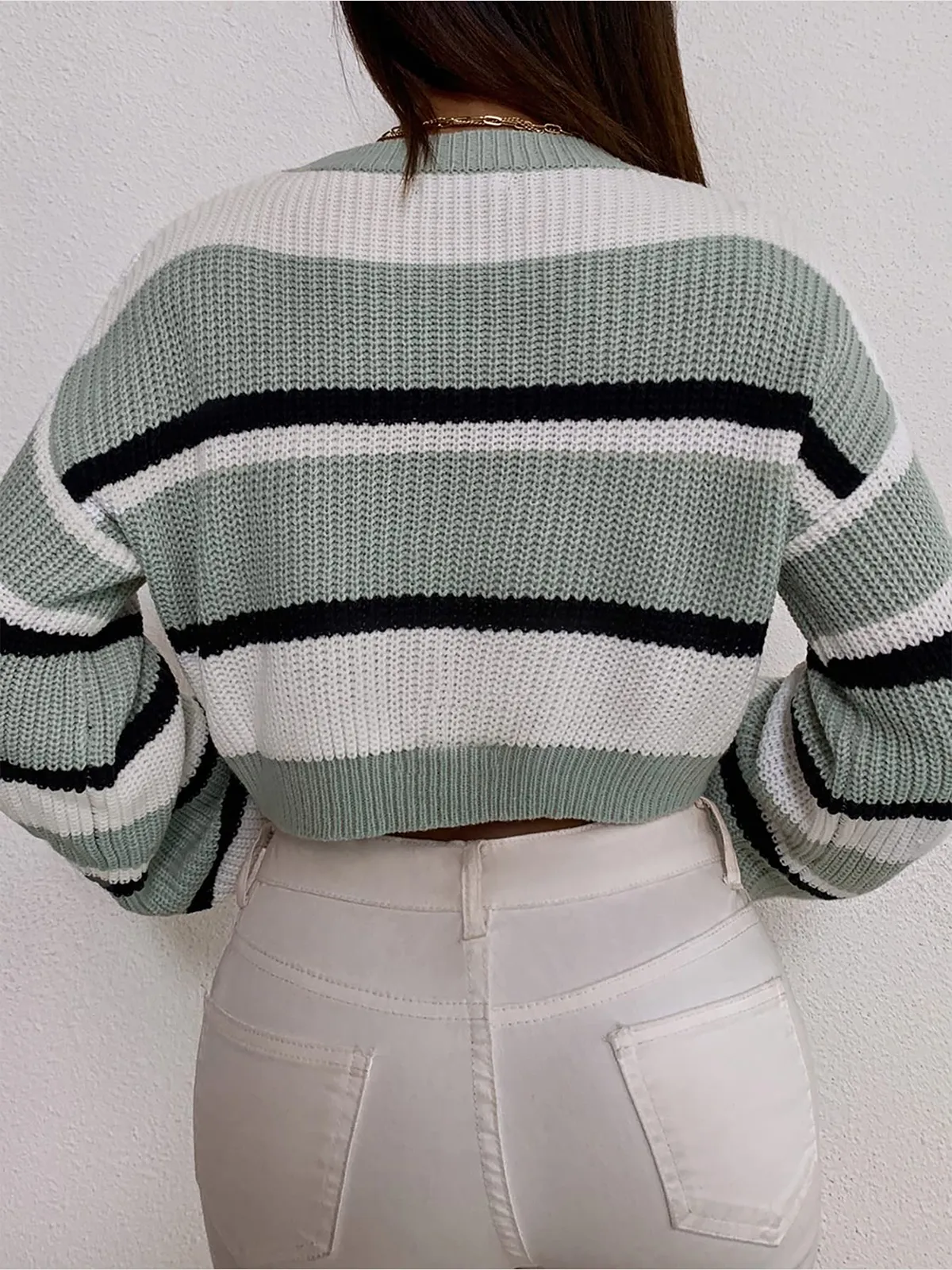 Colorblocked Striped Lantern Sleeve Pullover