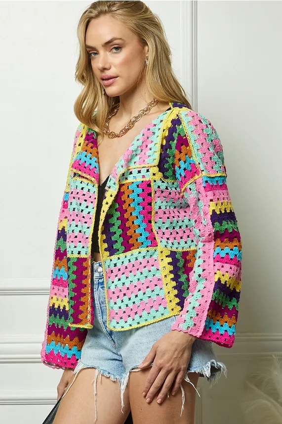 Colorful Crochet Open Cardigan