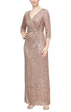 *Column Sequin Gown with Surplice Neckline and Knot Waist Detail