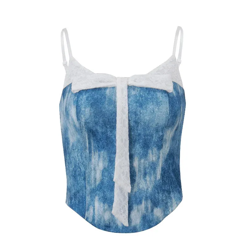 Coquette Bow Lace Tank Top Y2k 2000s Clothes Blue Gradient Camisole 2024 Summer Trends Sexy Crop Tops Women P33-BD20