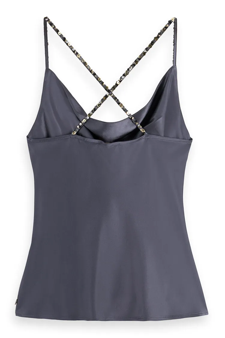 Cowlneck Camisole with Sequin Straps in Antra