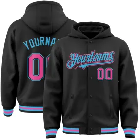 Custom Black Pink-Sky Blue Bomber Full-Snap Varsity Letterman Hoodie Jacket