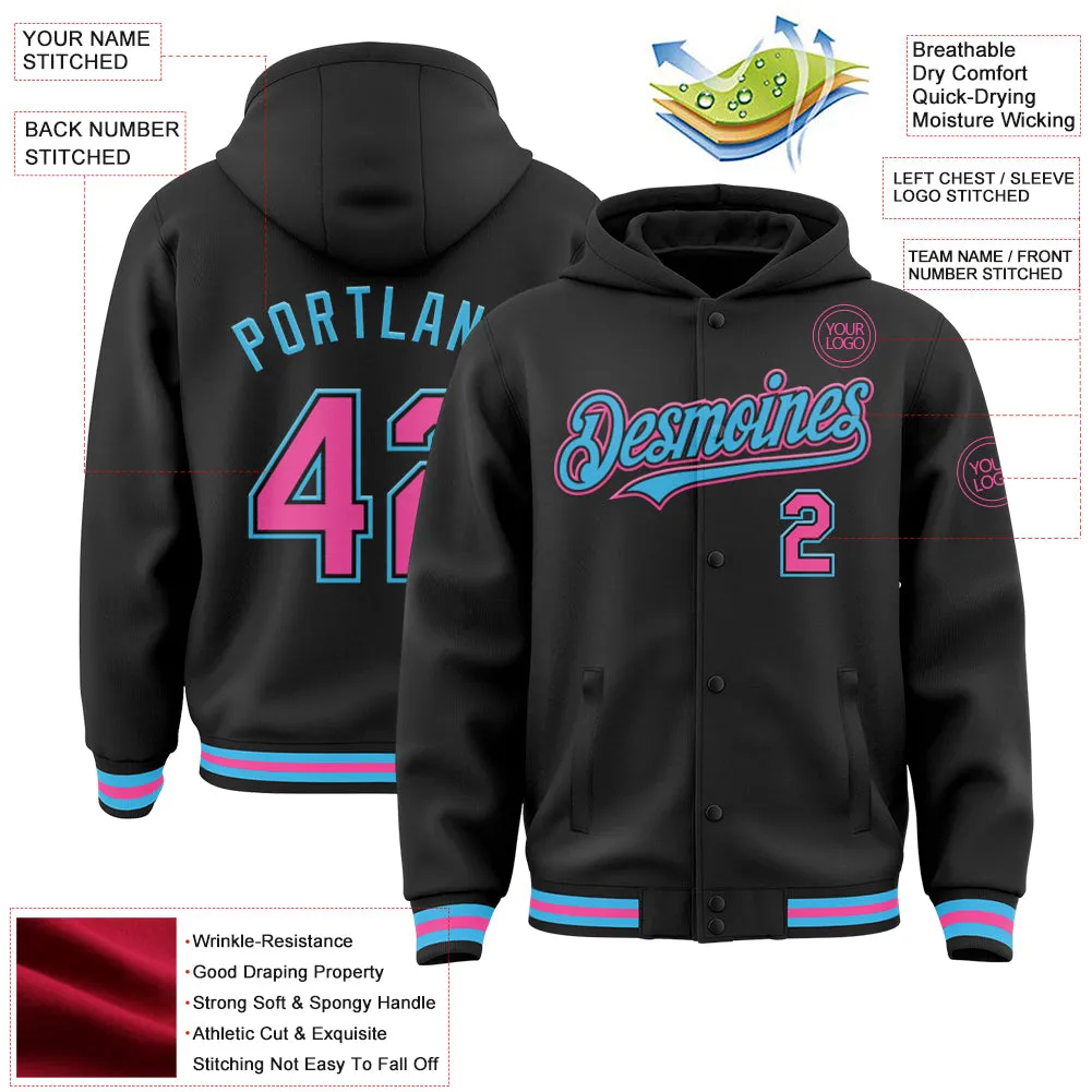 Custom Black Pink-Sky Blue Bomber Full-Snap Varsity Letterman Hoodie Jacket