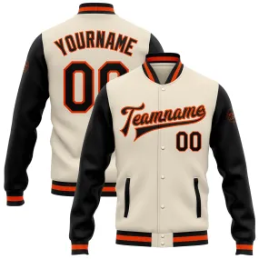 Custom Cream Black-Orange Bomber Full-Snap Varsity Letterman Two Tone Jacket