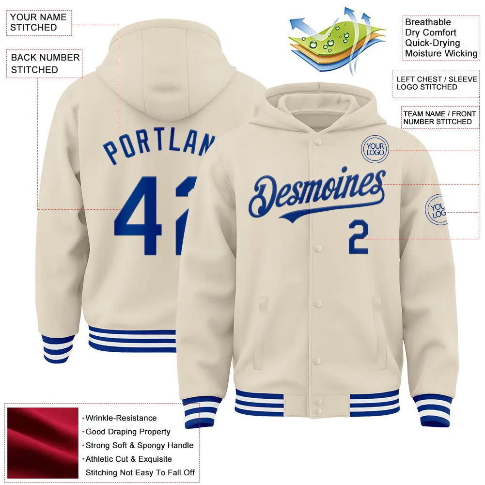 Custom Cream Royal-White Bomber Full-Snap Varsity Letterman Hoodie Jacket