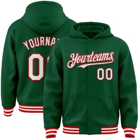 Custom Kelly Green White-Red Bomber Full-Snap Varsity Letterman Hoodie Jacket