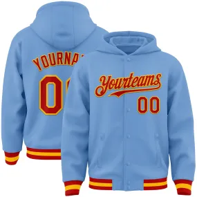 Custom Light Blue Red-Gold Bomber Full-Snap Varsity Letterman Hoodie Jacket