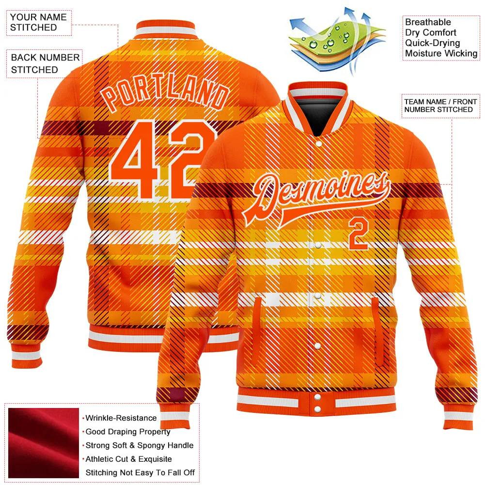 Custom Orange White Check Board 3D Pattern Design Bomber Full-Snap Varsity Letterman Jacket