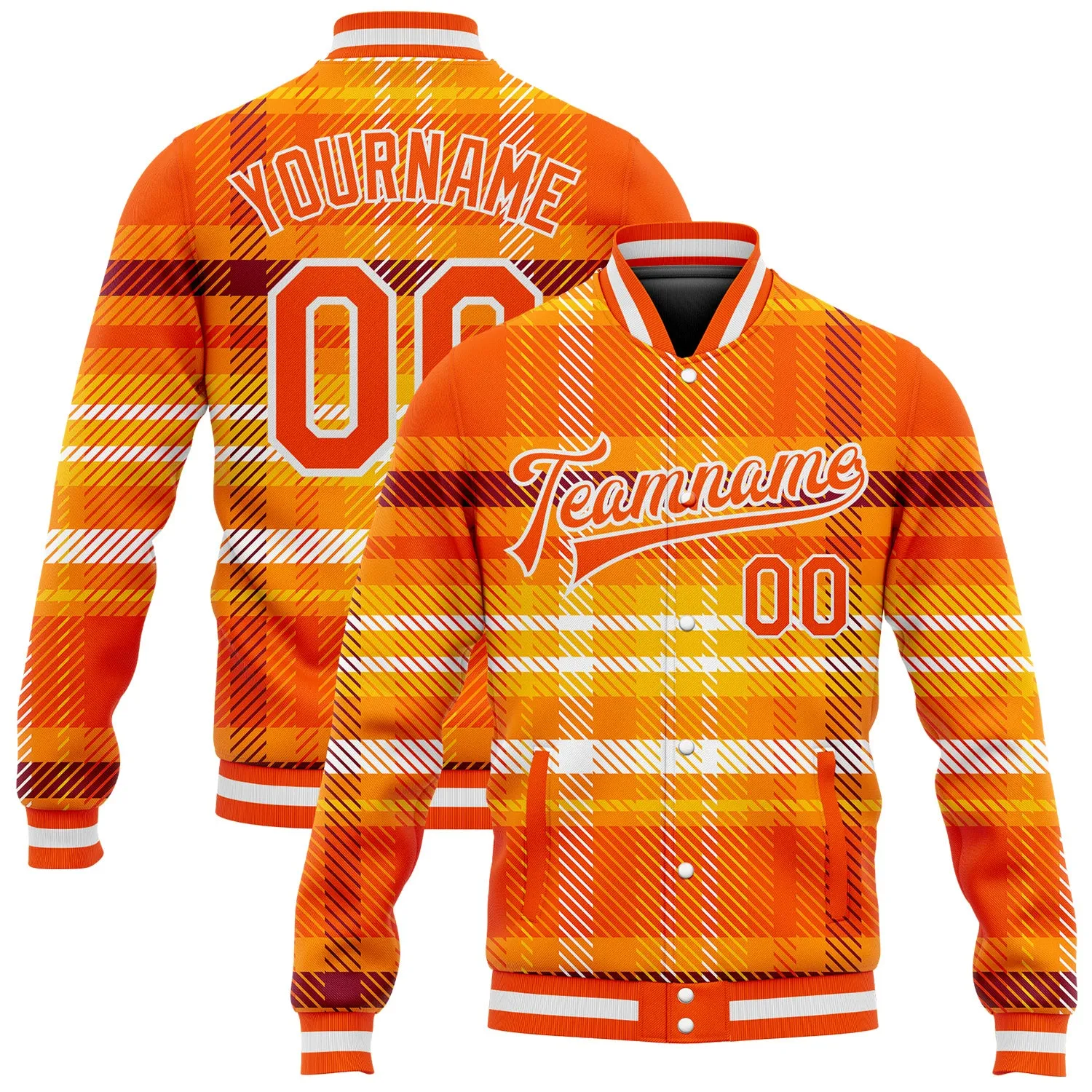 Custom Orange White Check Board 3D Pattern Design Bomber Full-Snap Varsity Letterman Jacket