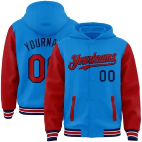 Custom Powder Blue Red-Navy Bomber Full-Snap Varsity Letterman Two Tone Hoodie Jacket